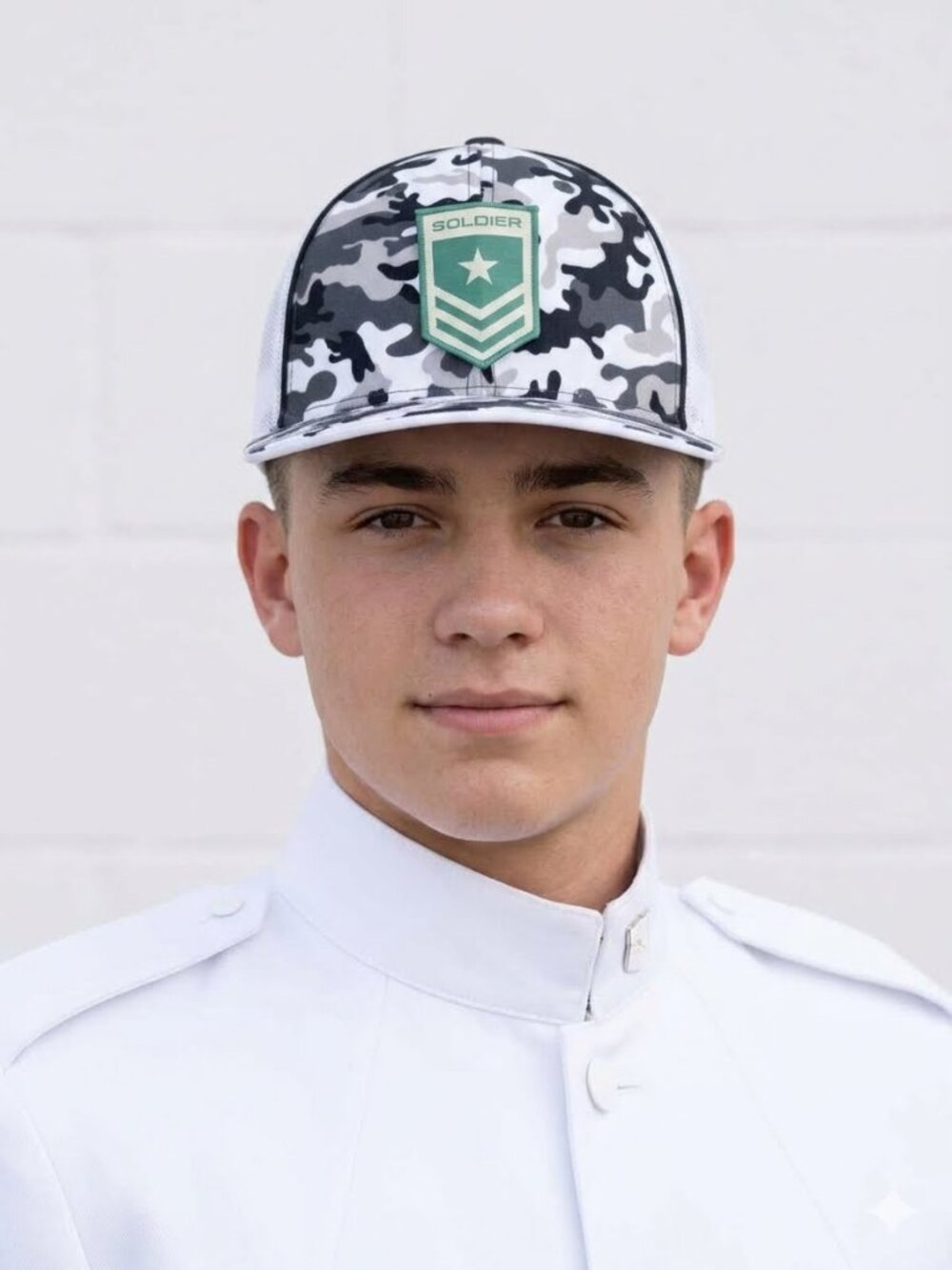 SOLDIER Patched Pacific Headwear Snow Camo Flexfit Trucker Hat